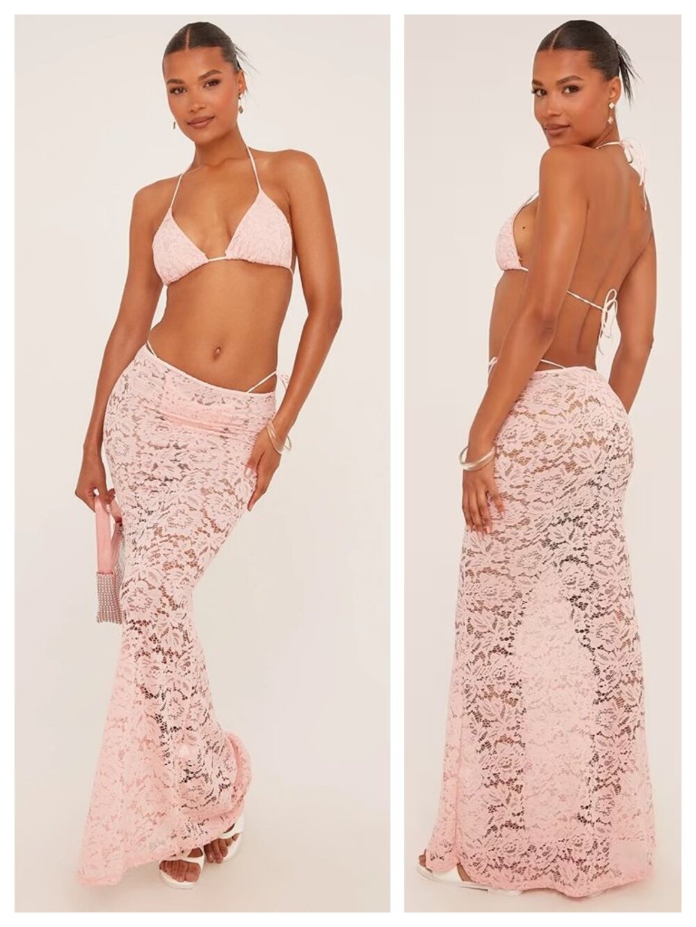 Ego Pink Lace 3 Piece Bikini and Low Rise Maxi Beach Skirt Cover Up Co Ord Set